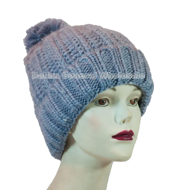 Ladies Simple Pompom Knitted Beanies Hats Wholesale