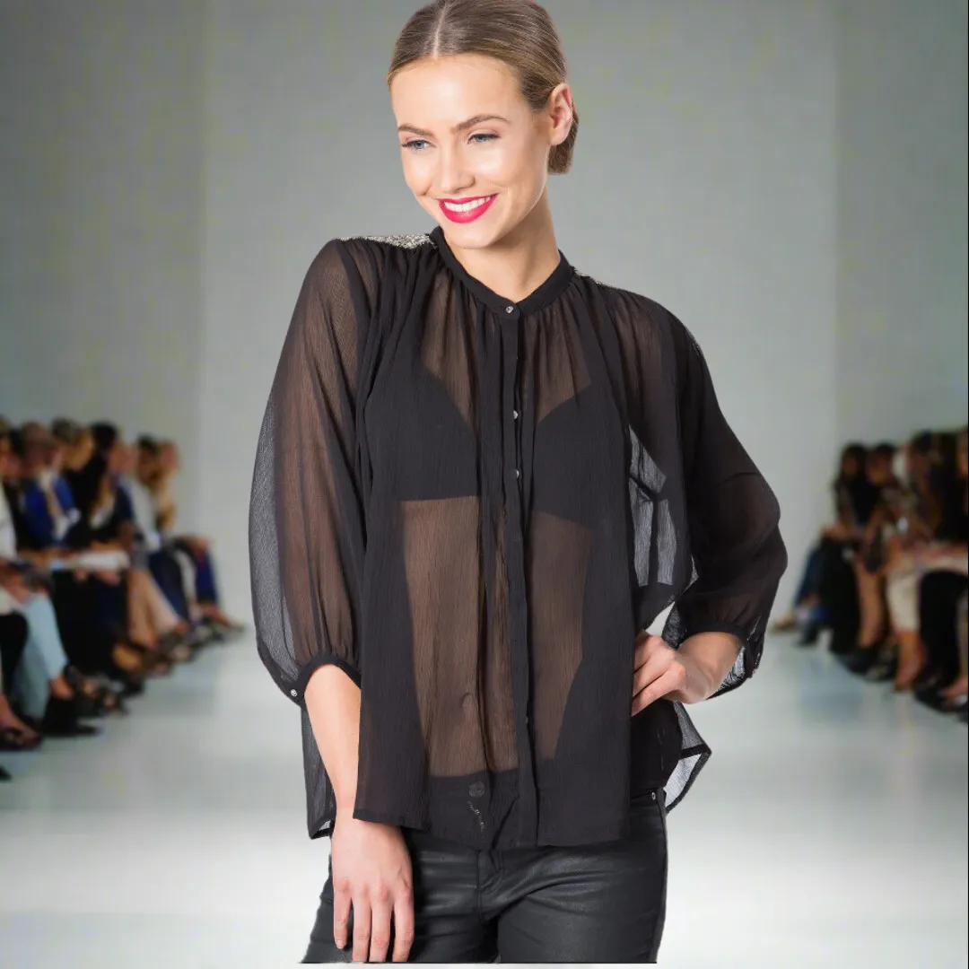 Leaf Embroidered Sheer Shirt