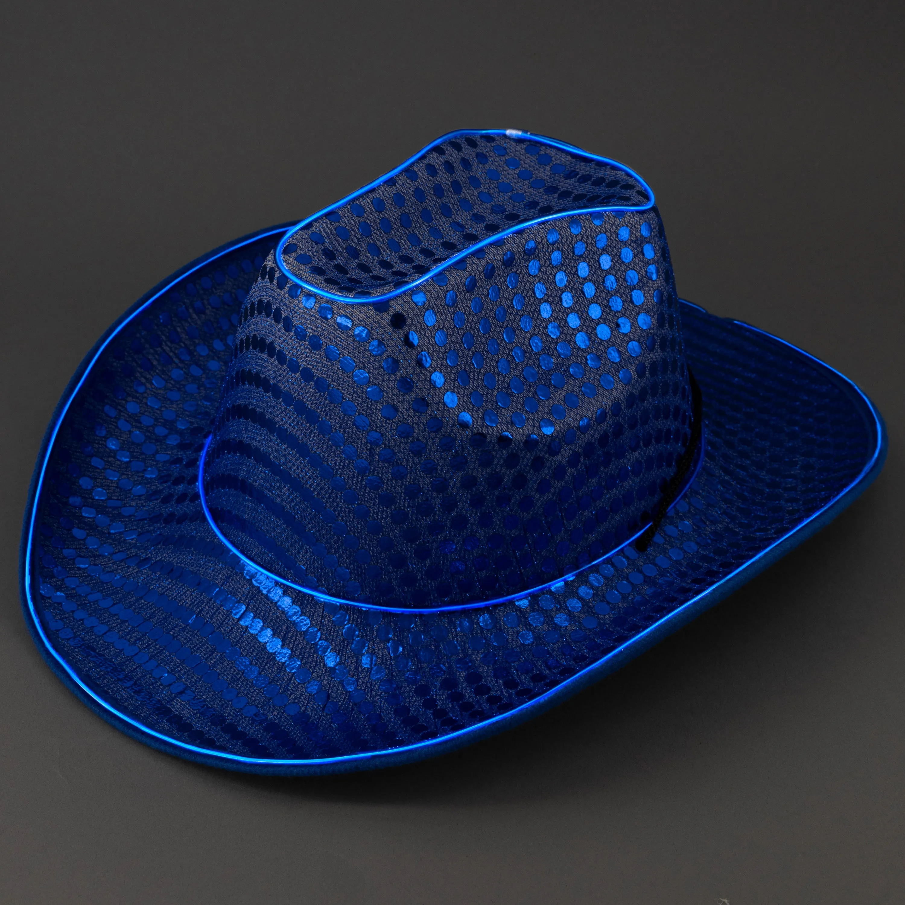 LED Flashing EL Wire Blue Sequin Cowboy Party Hat - Pack of 18 Hats