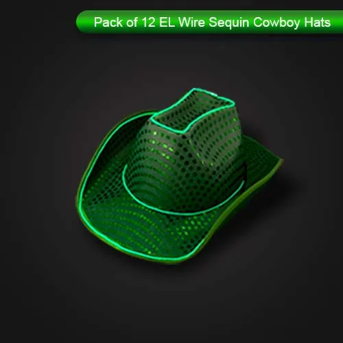 LED Flashing Green EL Wire Sequin Cowboy Party Hat - Pack of 12 Hats