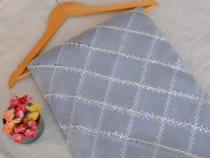 Light Gray Checks Tissue Organza Sequins Geometric Embroidered Fabric