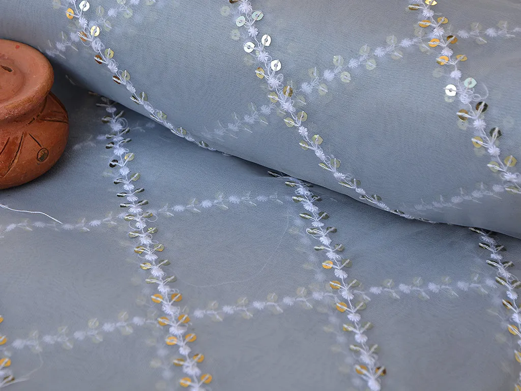 Light Gray Checks Tissue Organza Sequins Geometric Embroidered Fabric