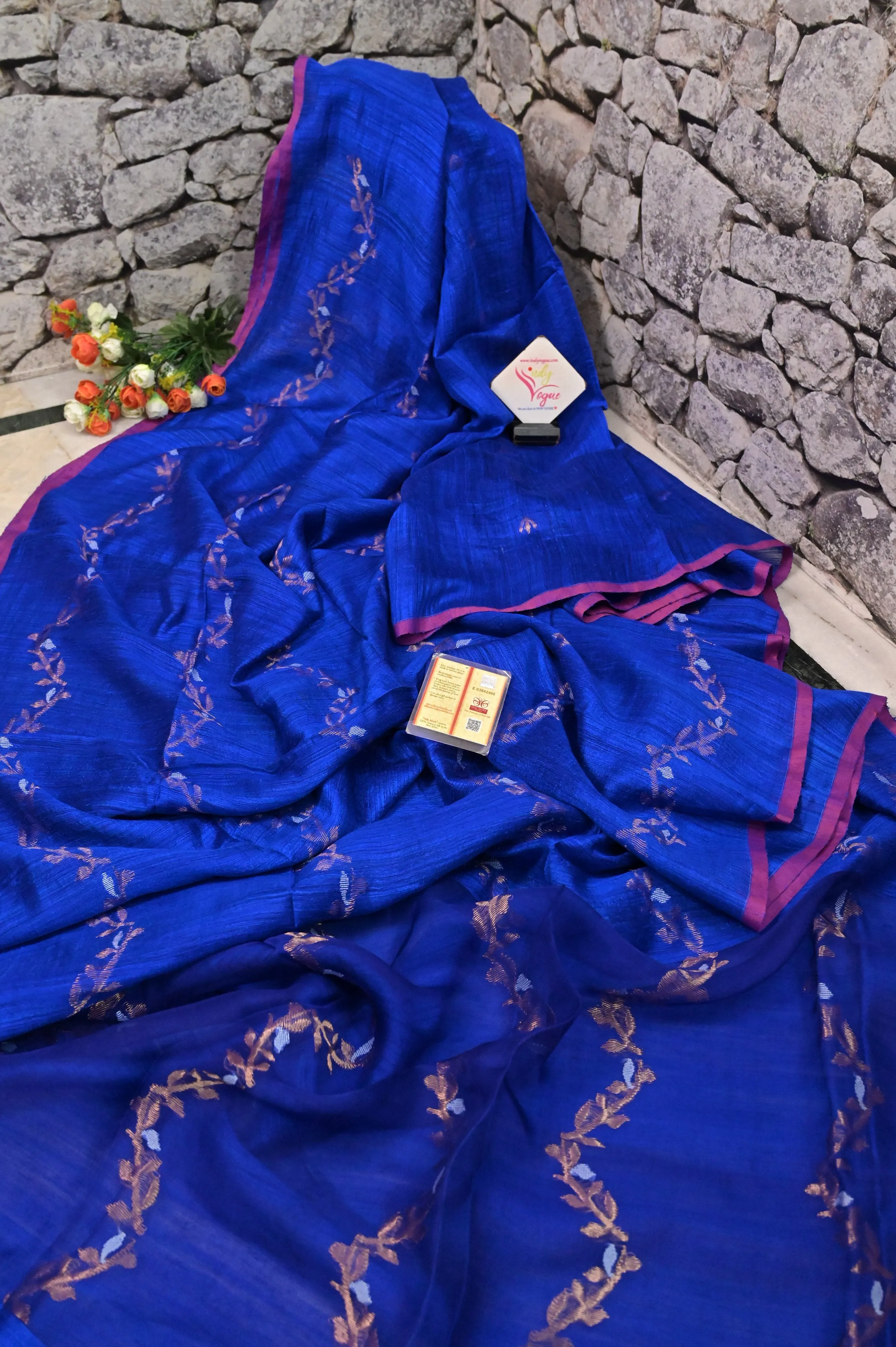 Midnight Blue Color Matka Muslin Jamdani with Silver and Golden Zari Buti
