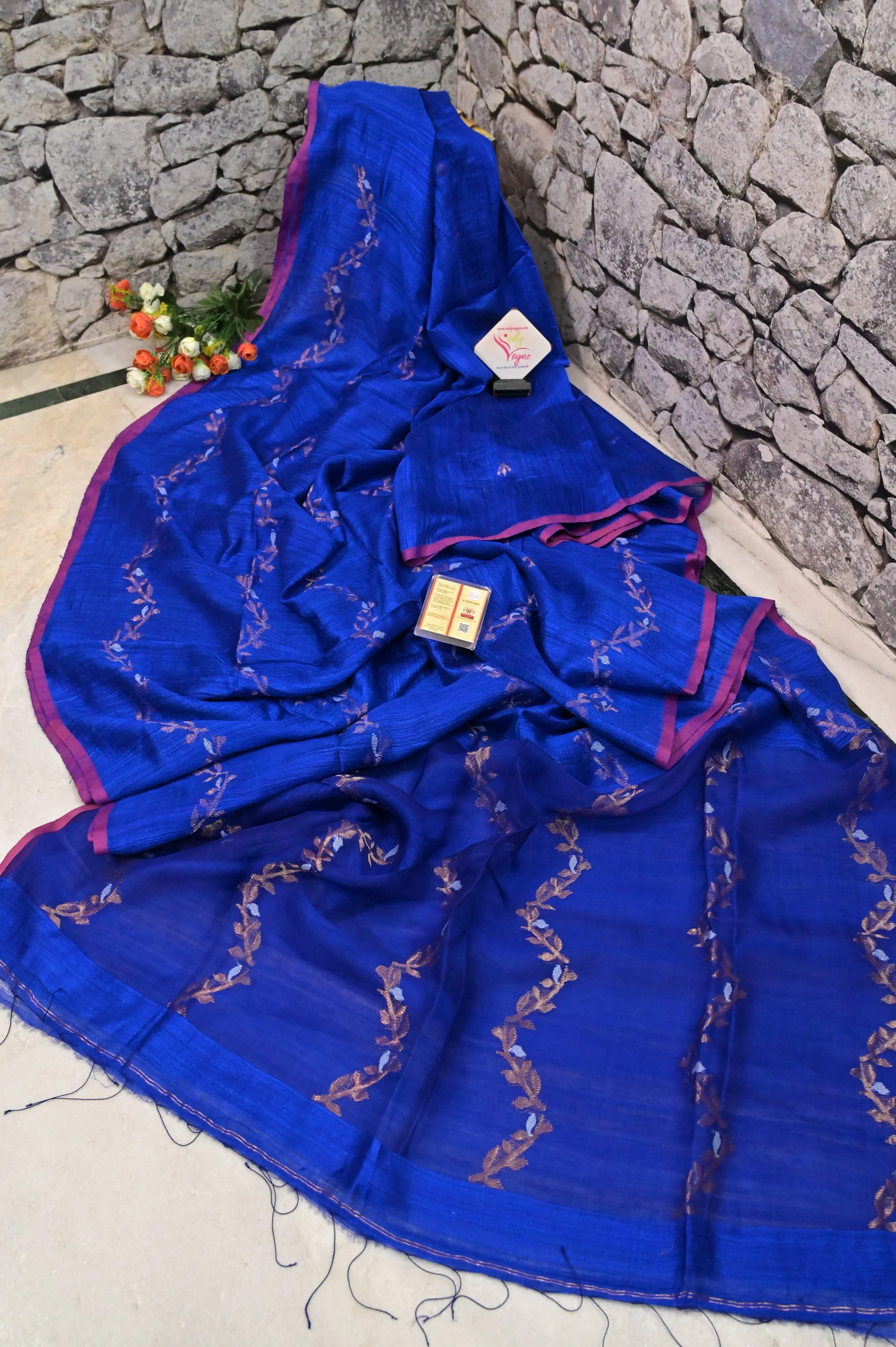 Midnight Blue Color Matka Muslin Jamdani with Silver and Golden Zari Buti