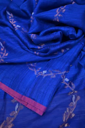 Midnight Blue Color Matka Muslin Jamdani with Silver and Golden Zari Buti