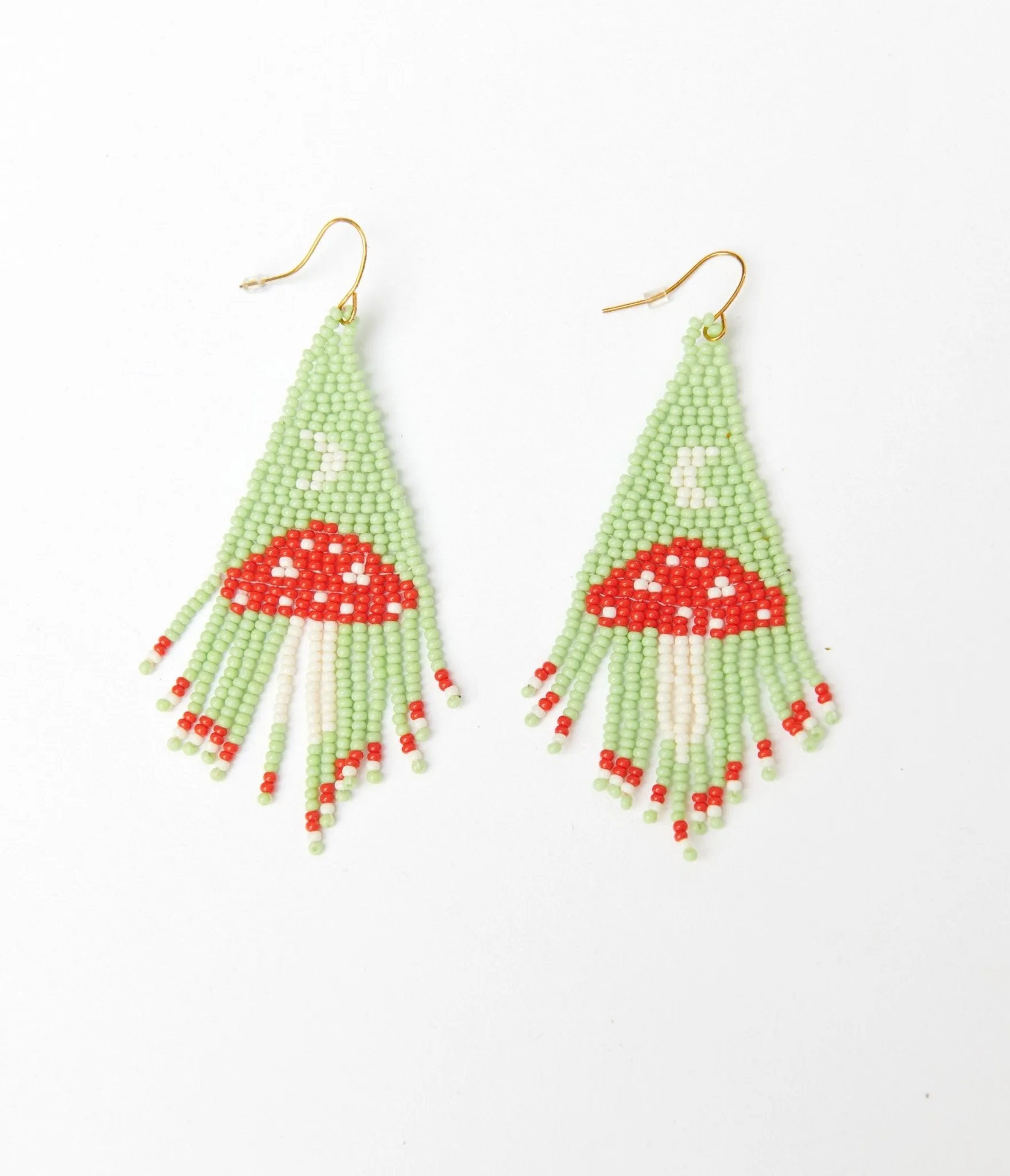 Mint & Red Mushroom Beaded Earrings