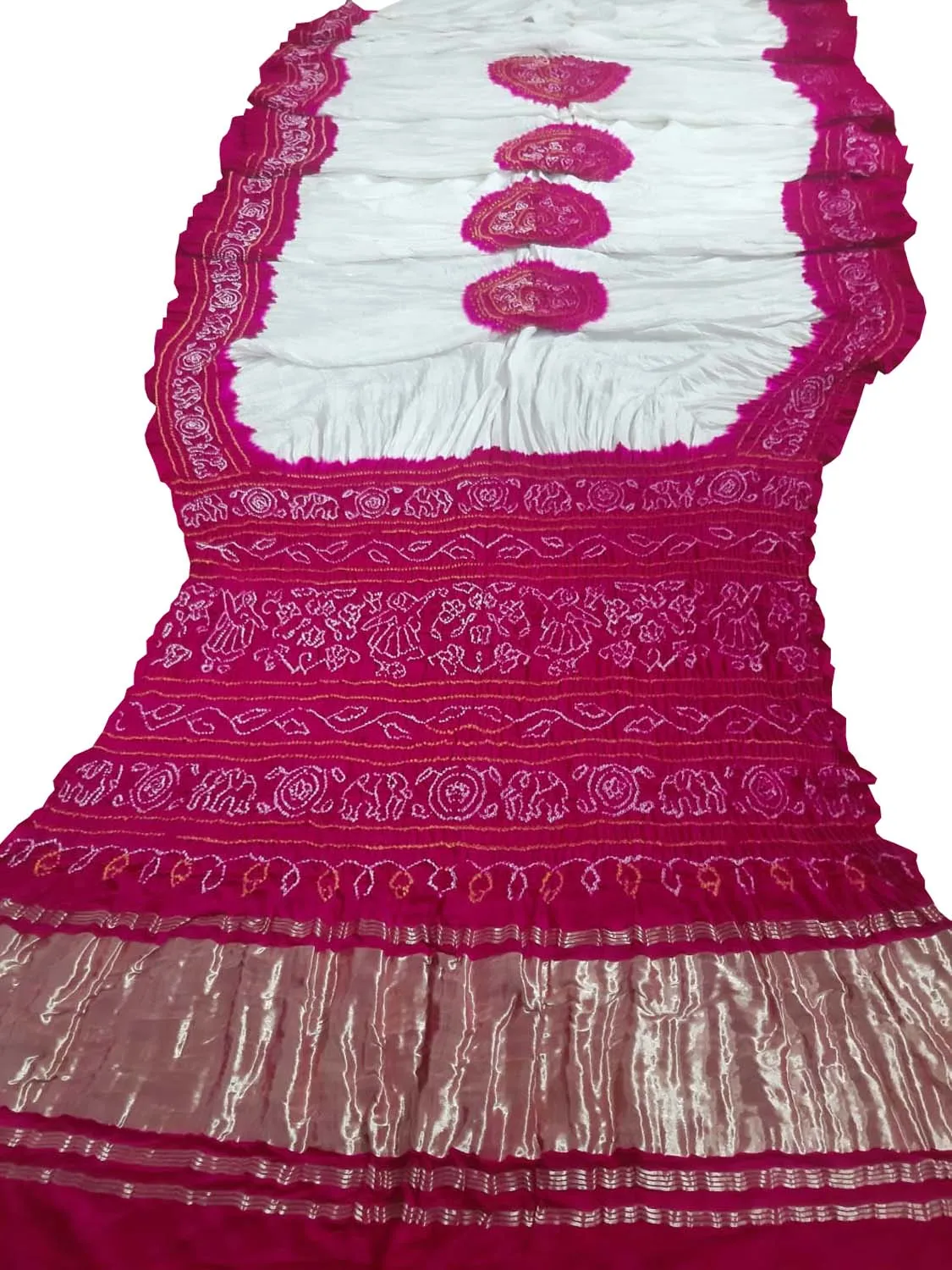 Off White And Pink Bandhani Pure Gajji Silk Saree