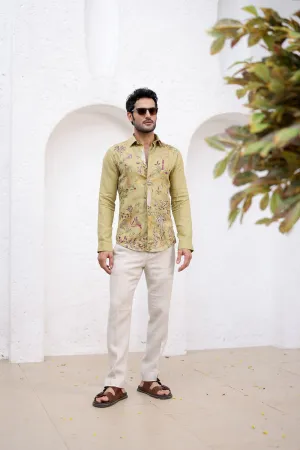 Olive Green Floral Embroidery Shirt