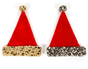 Red Plush Christmas Hat with Animal Printed Cuff - 36 Units