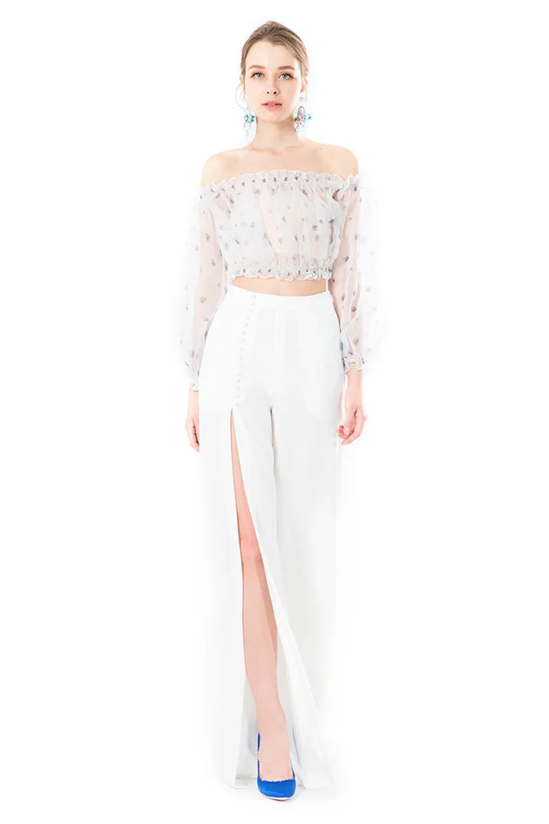 Side Slit High Waisted Trousers in White