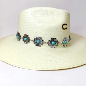 Silver Tone Cross Design Hat Band with Faux Turquoise Accents