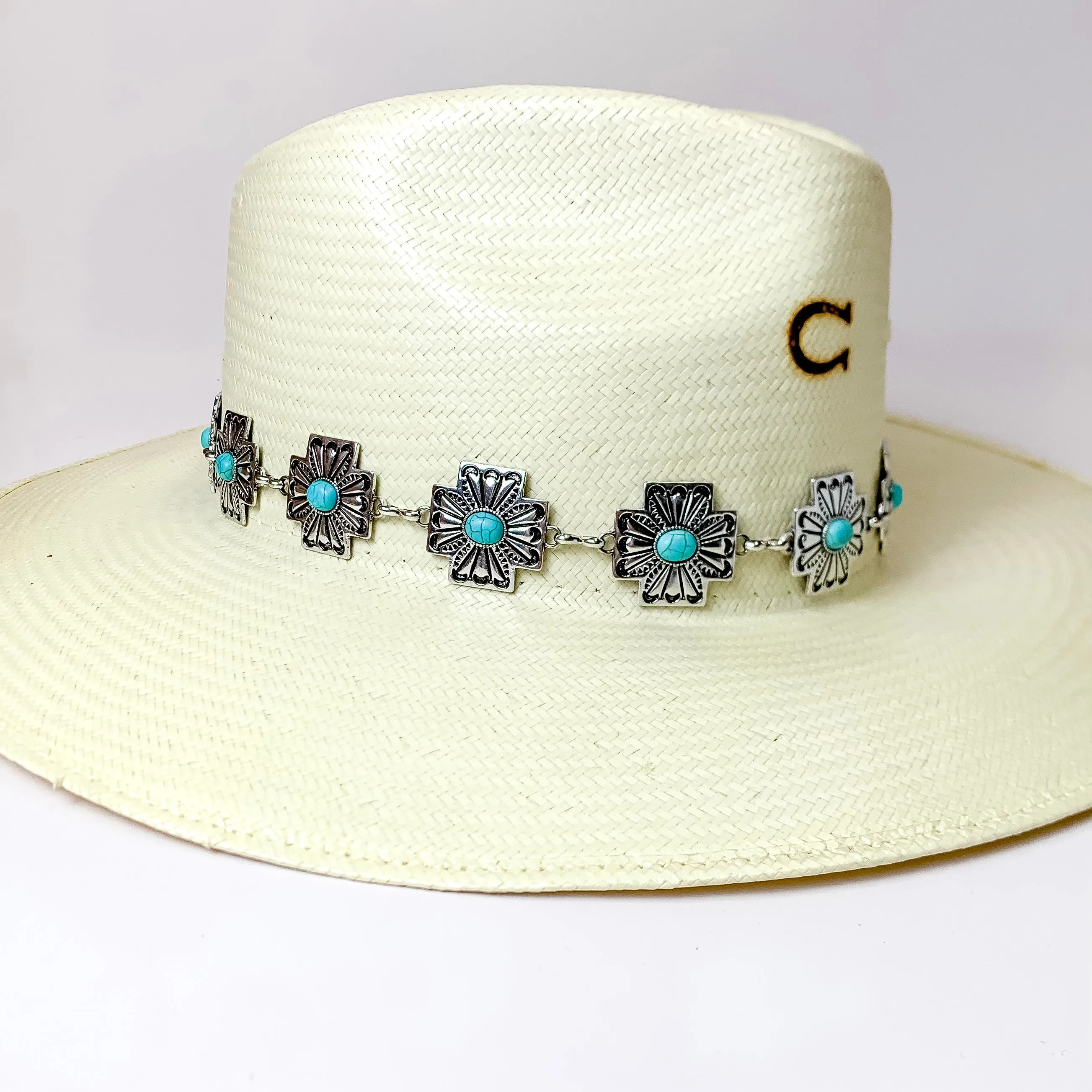 Silver Tone Cross Design Hat Band with Faux Turquoise Accents