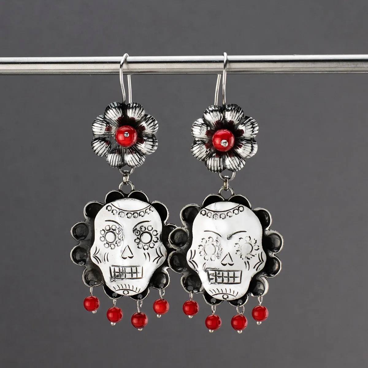 Sterling Silver and Red Coral Sugar Skull Earrings