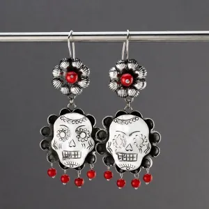 Sterling Silver and Red Coral Sugar Skull Earrings