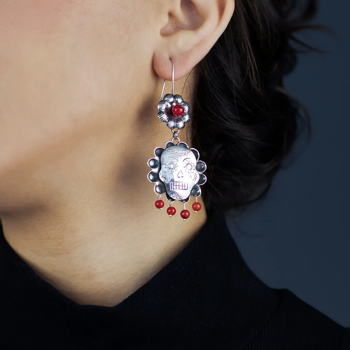 Sterling Silver and Red Coral Sugar Skull Earrings