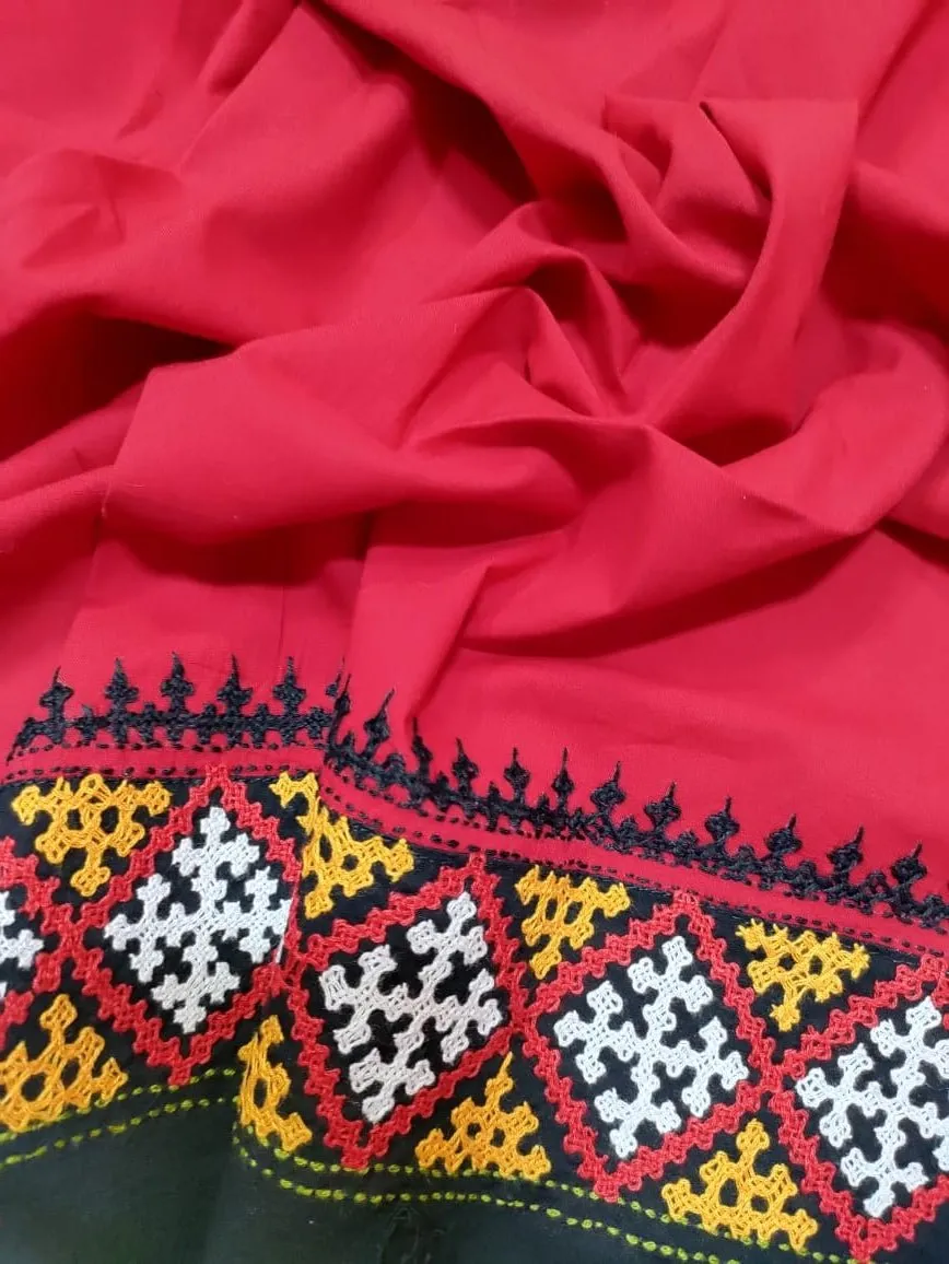 Stunning Black & Red Kantha Work Cotton Blouse Piece (0.75 Mtr)