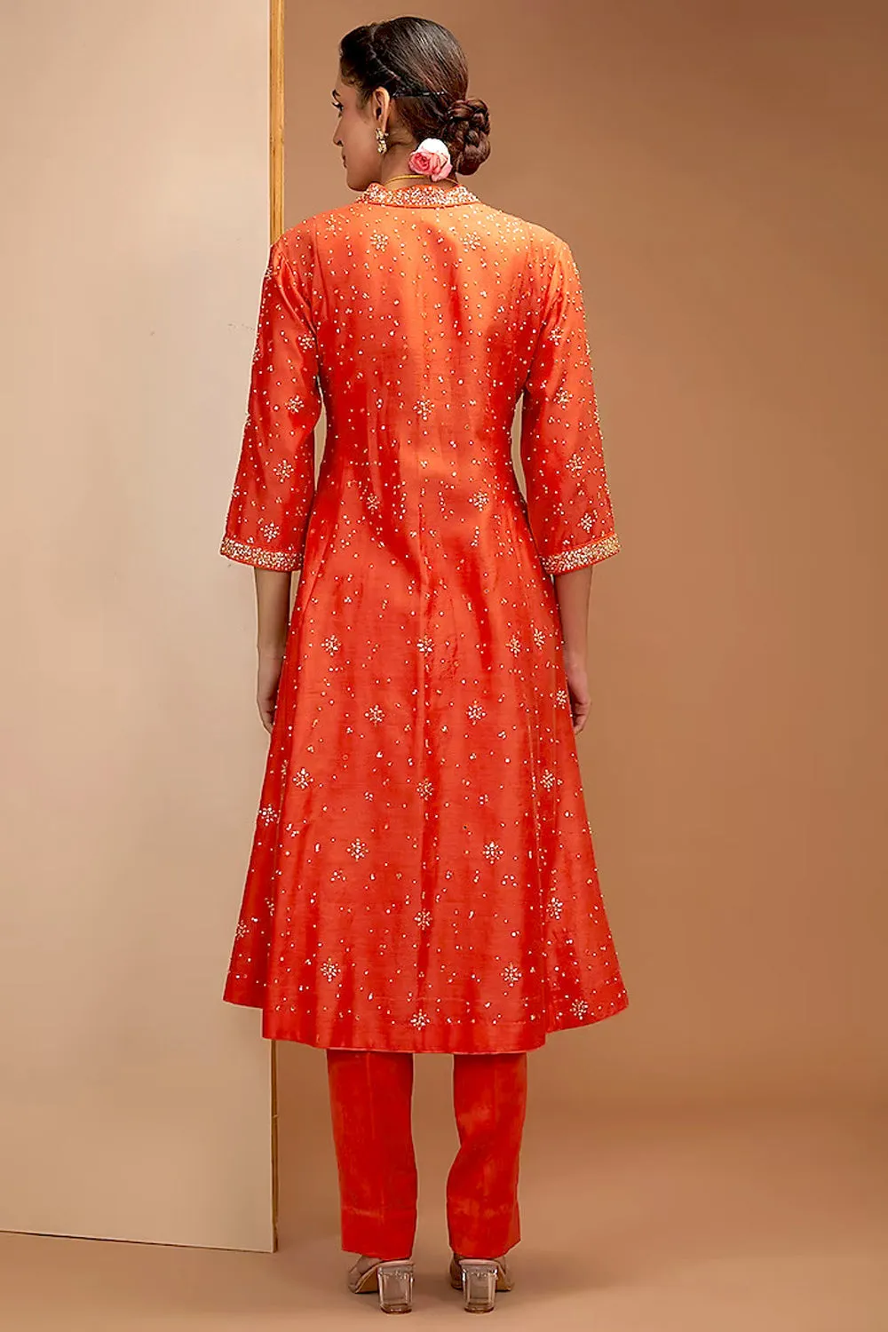Tangy Red Embroidered Kali Kurta Set