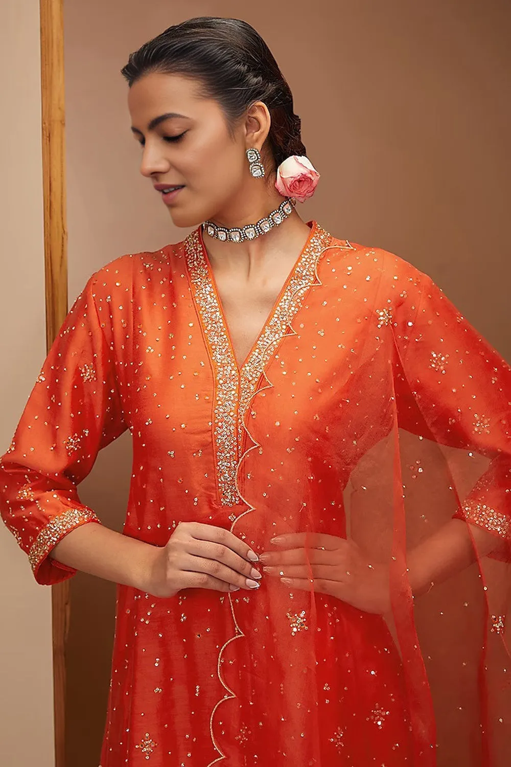 Tangy Red Embroidered Kali Kurta Set