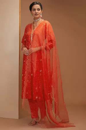 Tangy Red Embroidered Kali Kurta Set