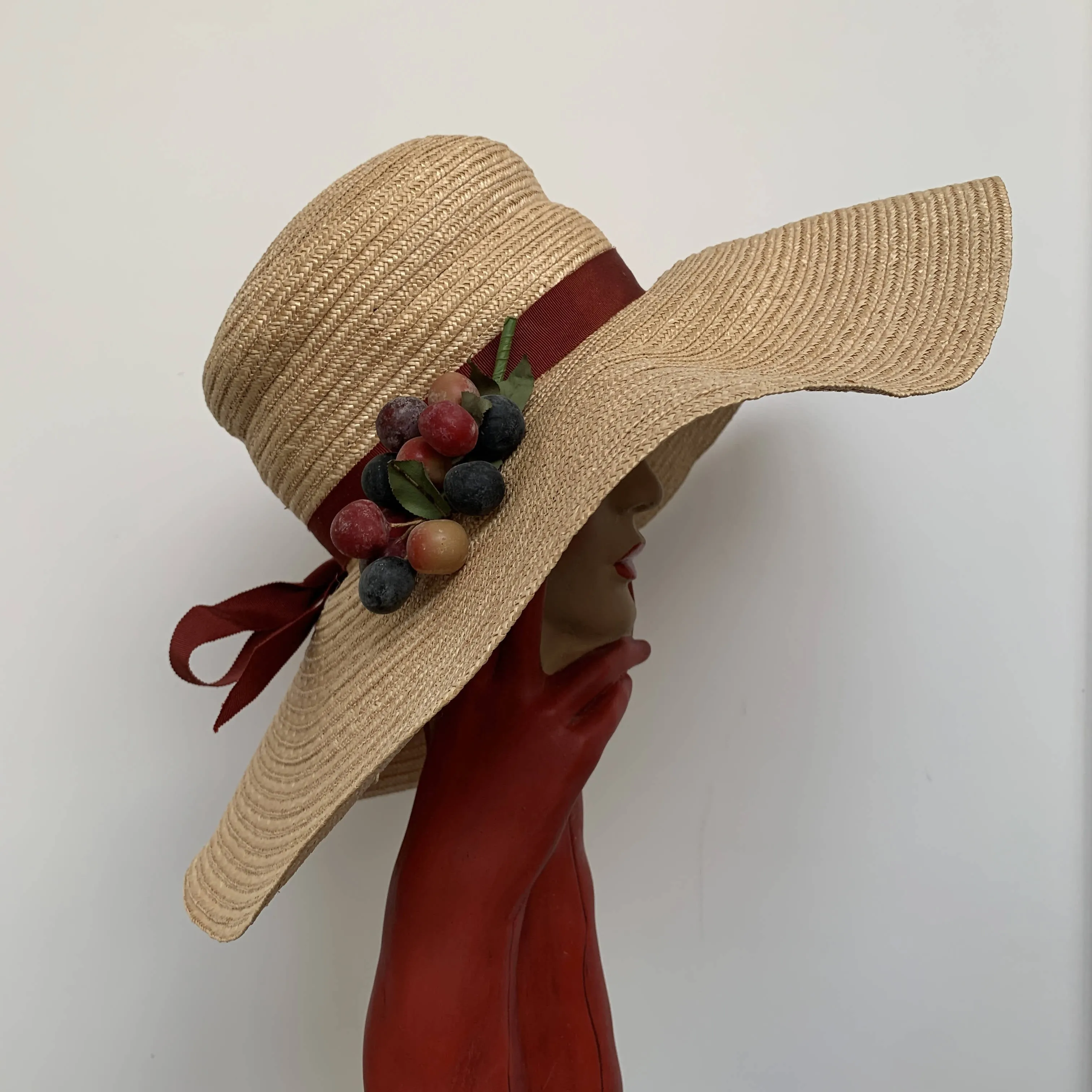 Vintage oversized large brim straw hat with fruits detail