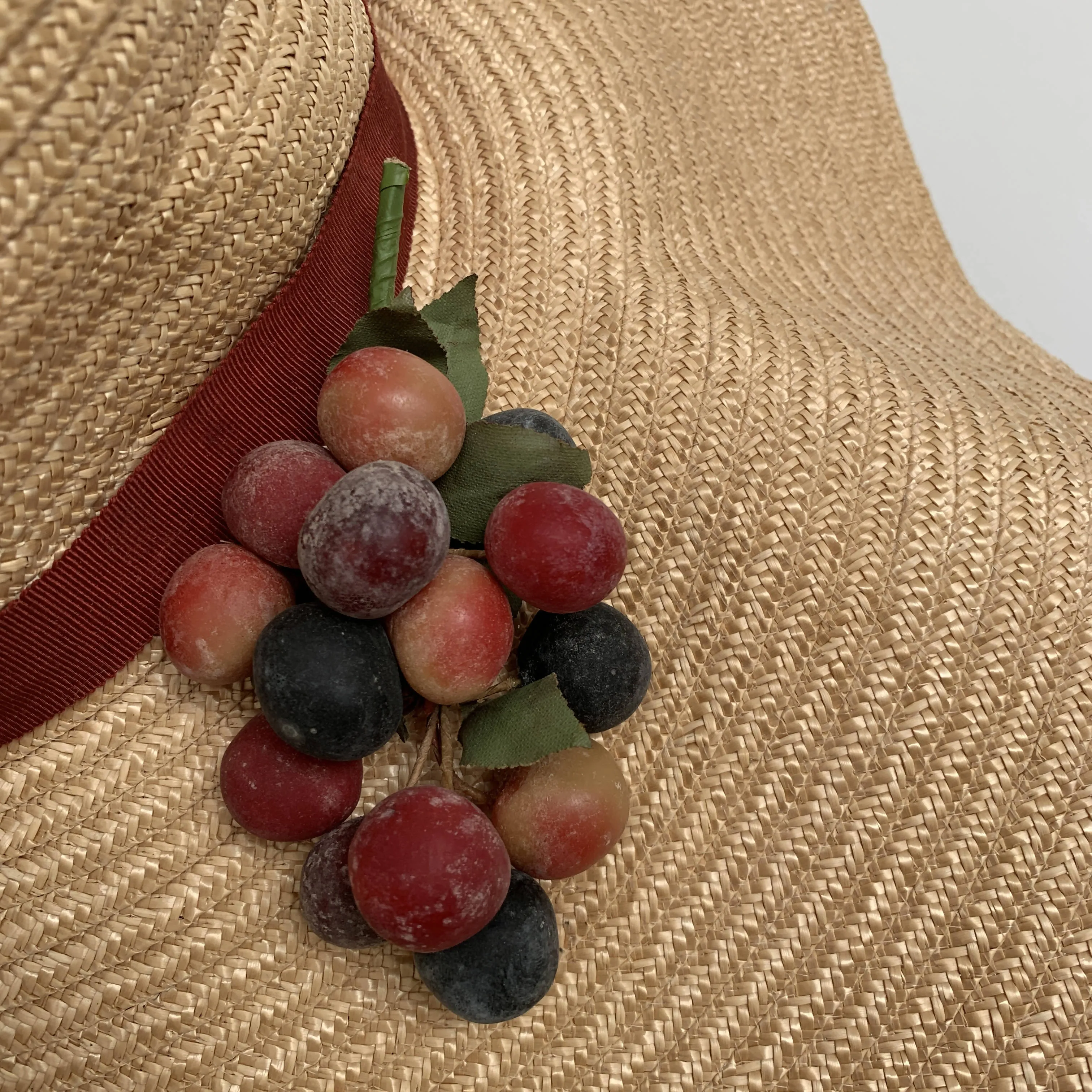 Vintage oversized large brim straw hat with fruits detail