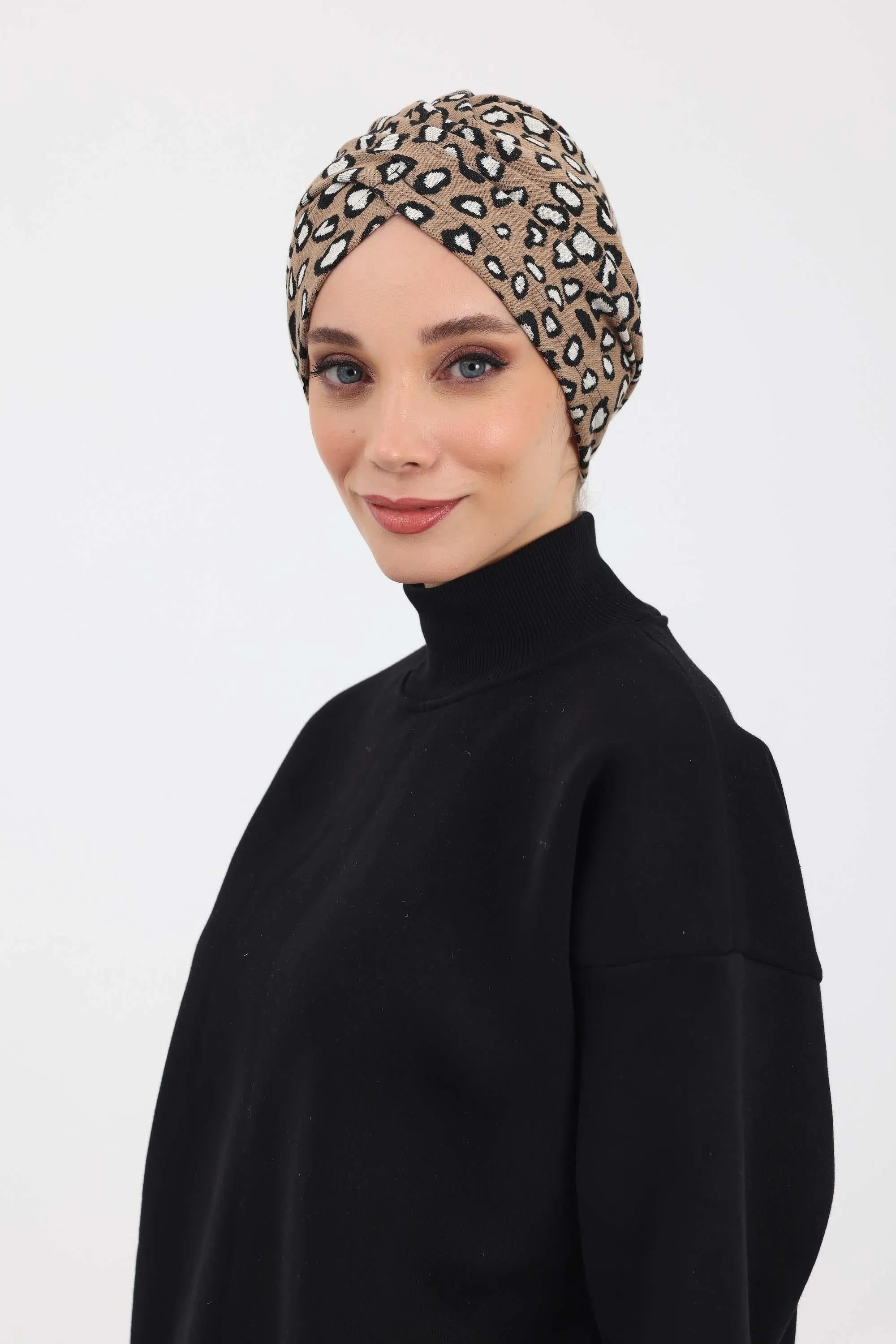 Winter Turban Bonnet with Leopard & Houndstooth Patterns, Soft Polyviscose High Quality Hijab Headwrap for Cold Weather,B-9DIV
