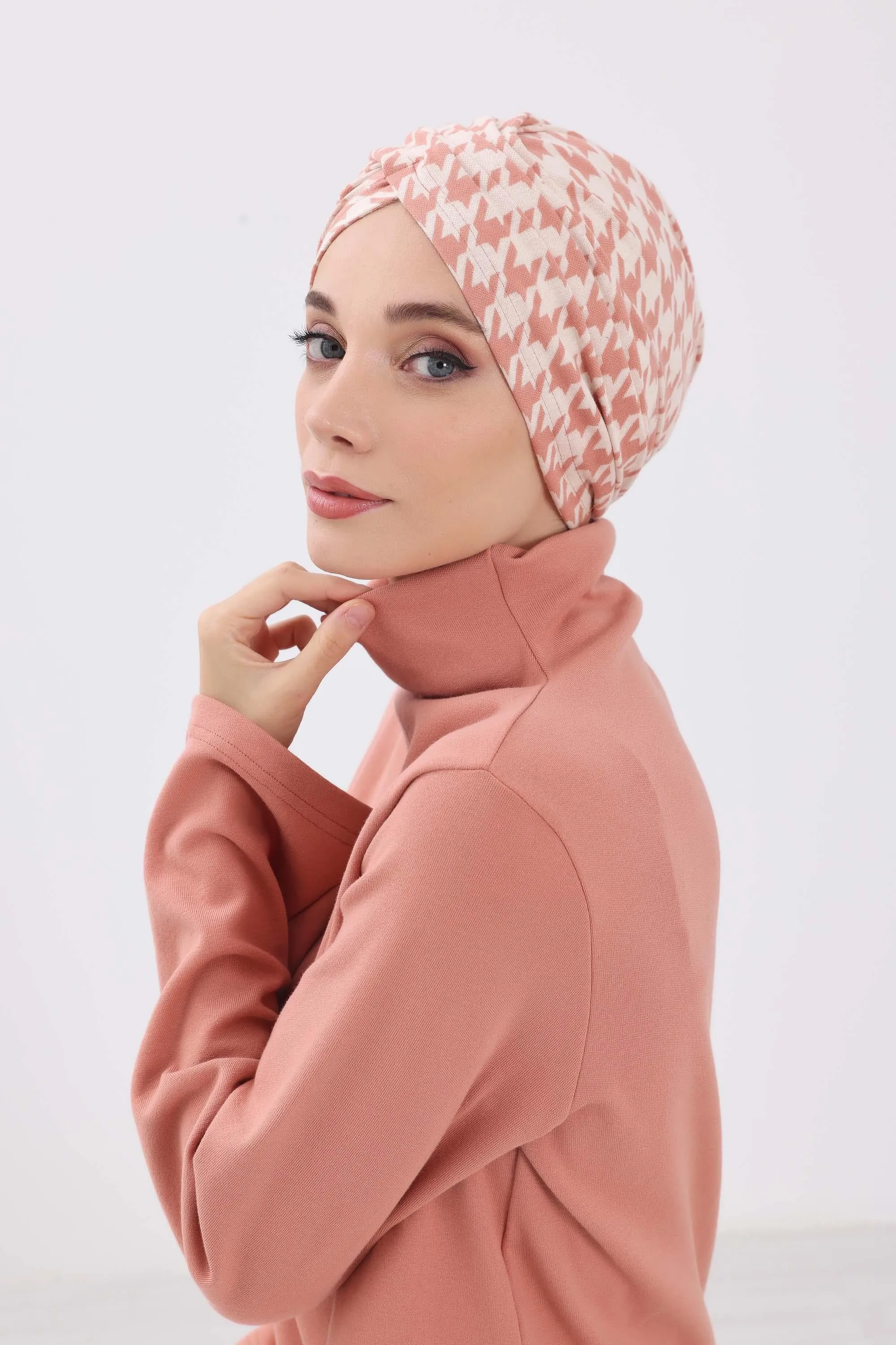 Winter Turban Bonnet with Leopard & Houndstooth Patterns, Soft Polyviscose High Quality Hijab Headwrap for Cold Weather,B-9DIV