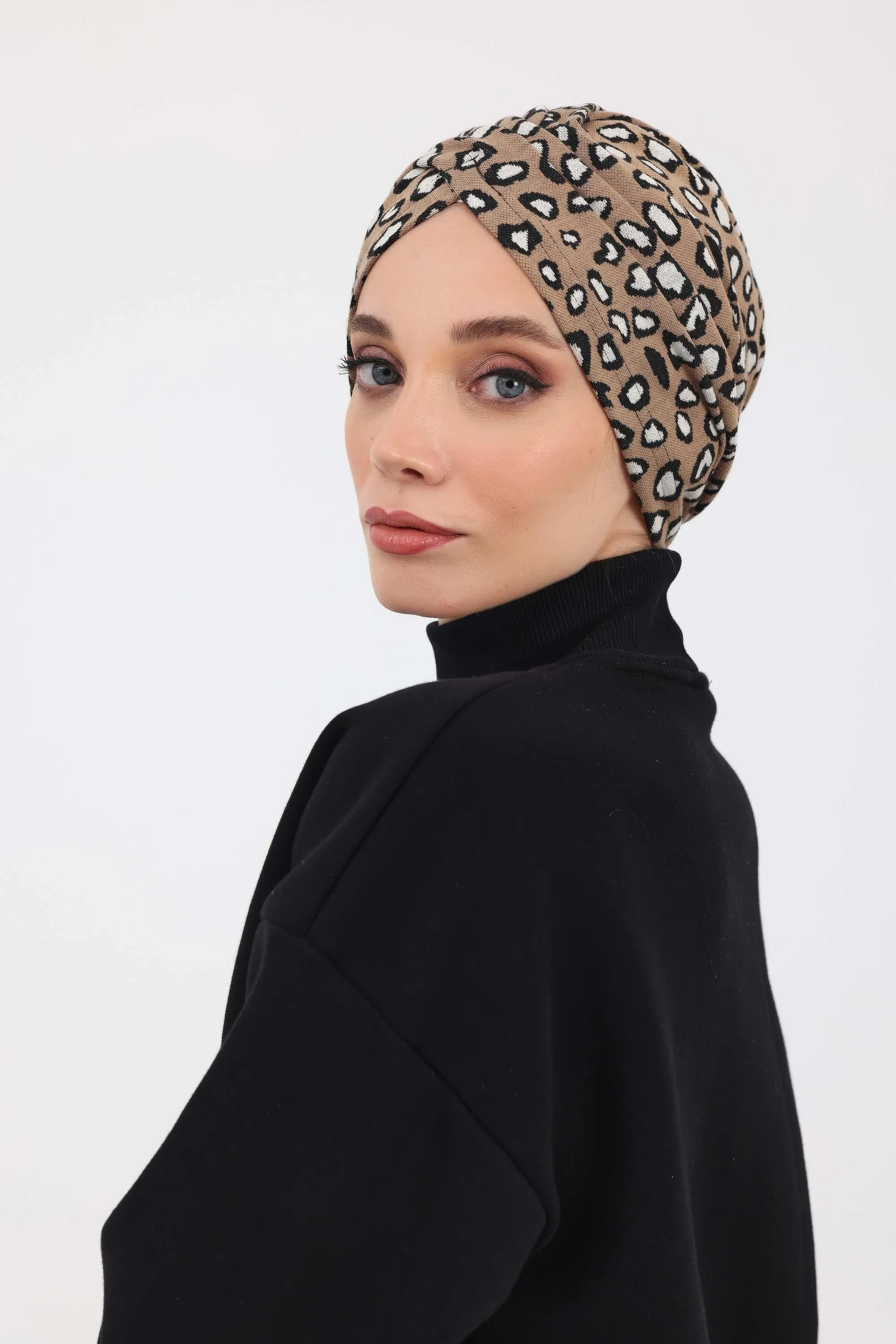 Winter Turban Bonnet with Leopard & Houndstooth Patterns, Soft Polyviscose High Quality Hijab Headwrap for Cold Weather,B-9DIV