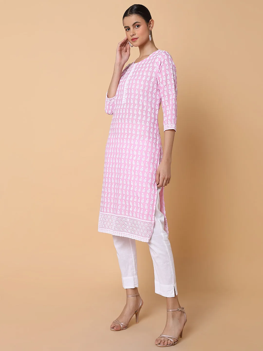 Women Floral Chikankari Pink Straight Kurta