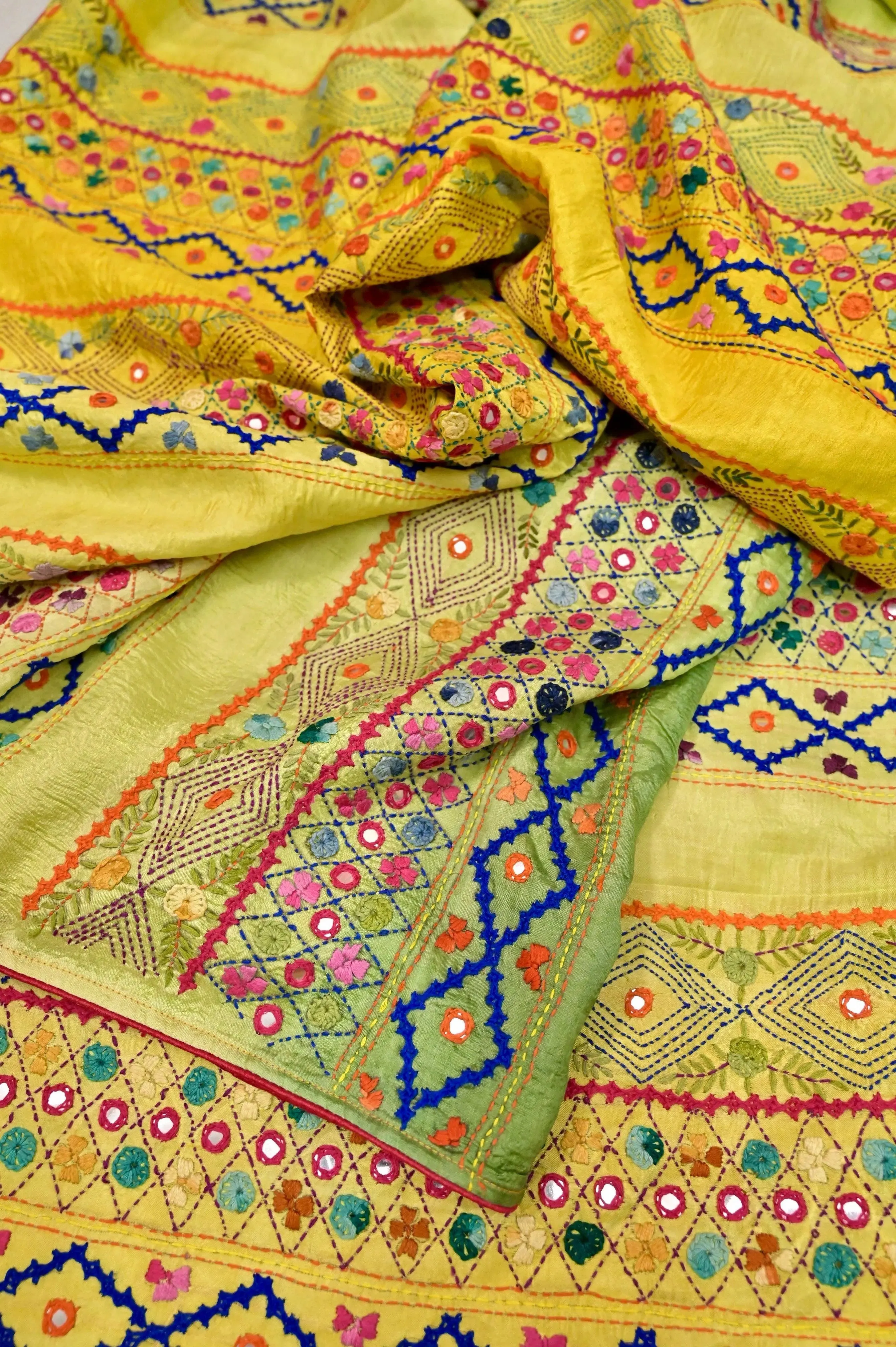 Yellow and Green Color Pure Katan Silk Saree with Hand Lambani Embroidery