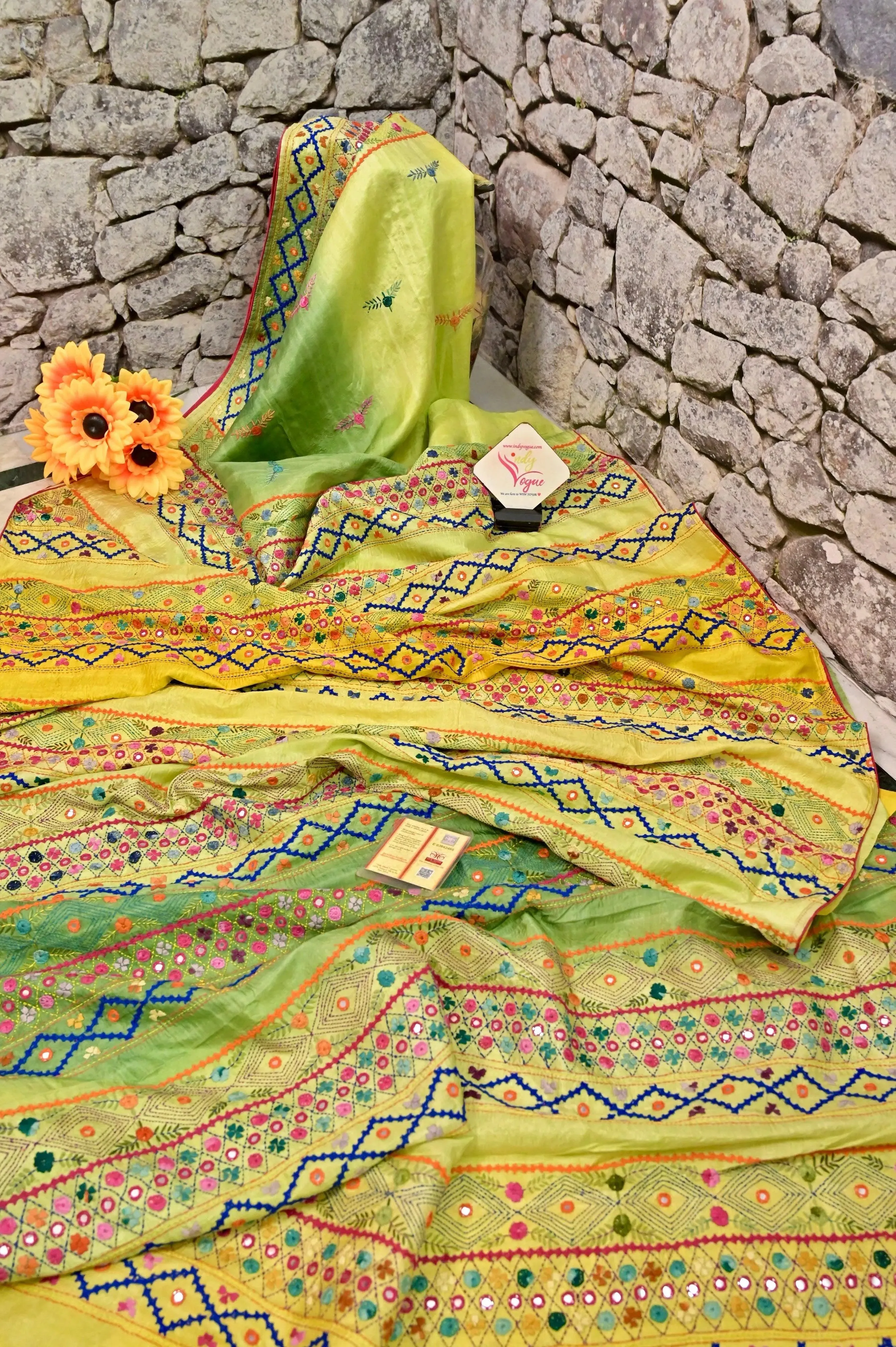 Yellow and Green Color Pure Katan Silk Saree with Hand Lambani Embroidery