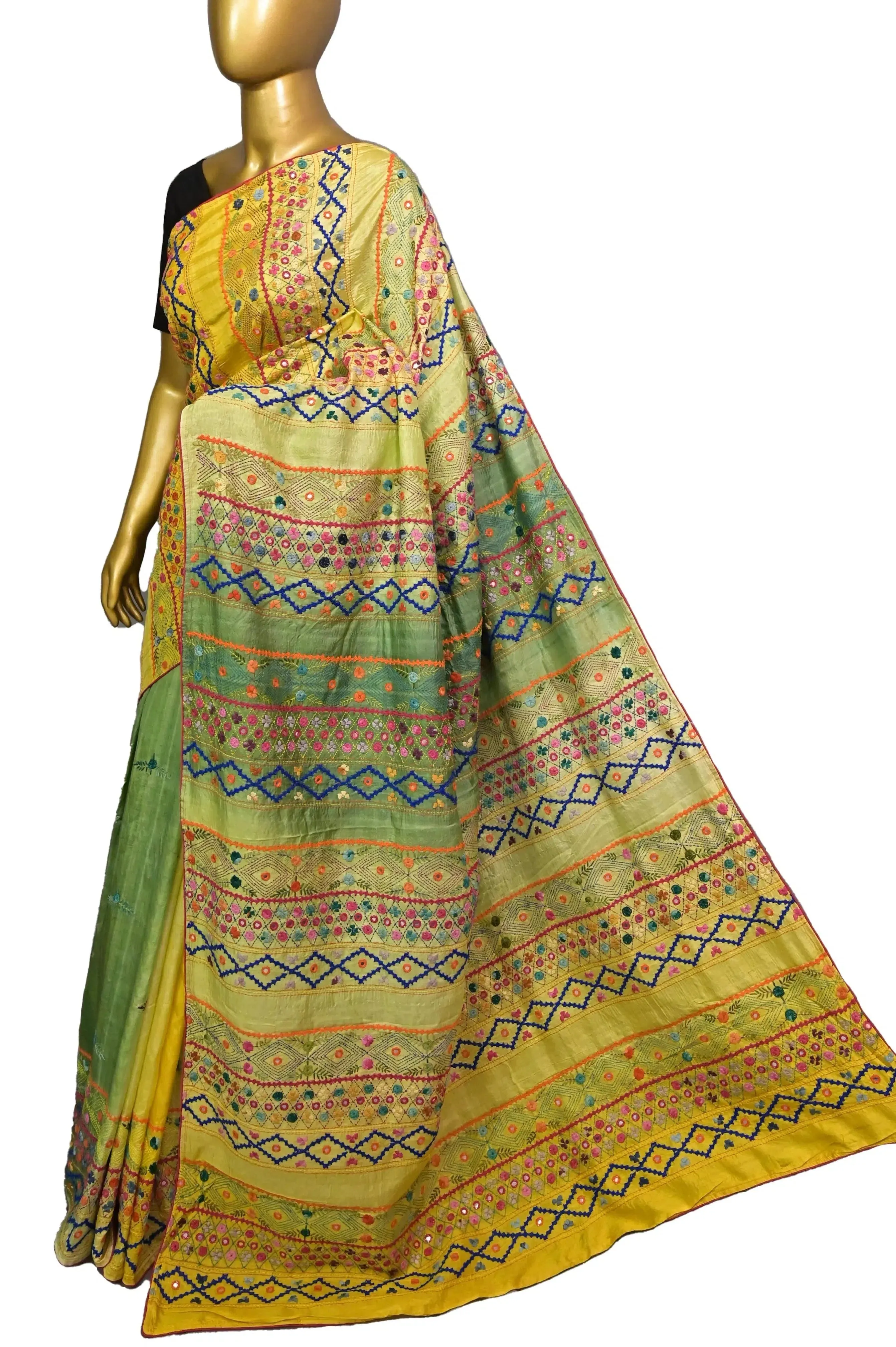 Yellow and Green Color Pure Katan Silk Saree with Hand Lambani Embroidery
