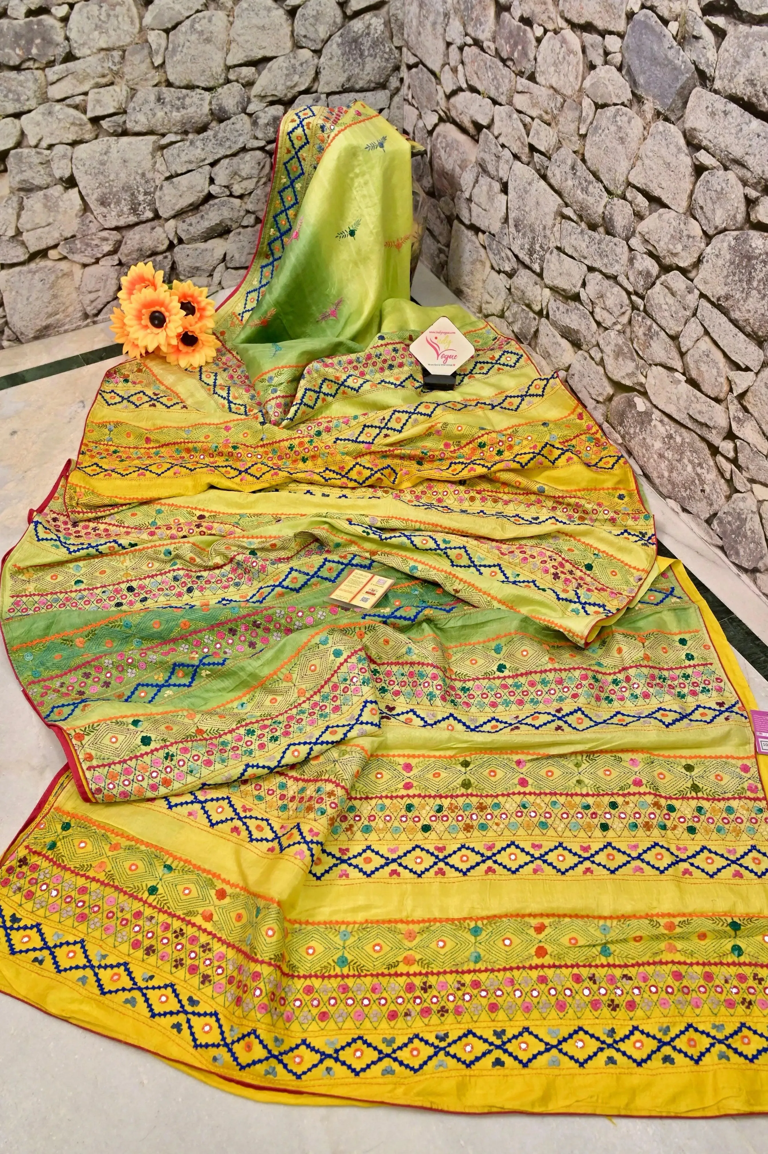 Yellow and Green Color Pure Katan Silk Saree with Hand Lambani Embroidery