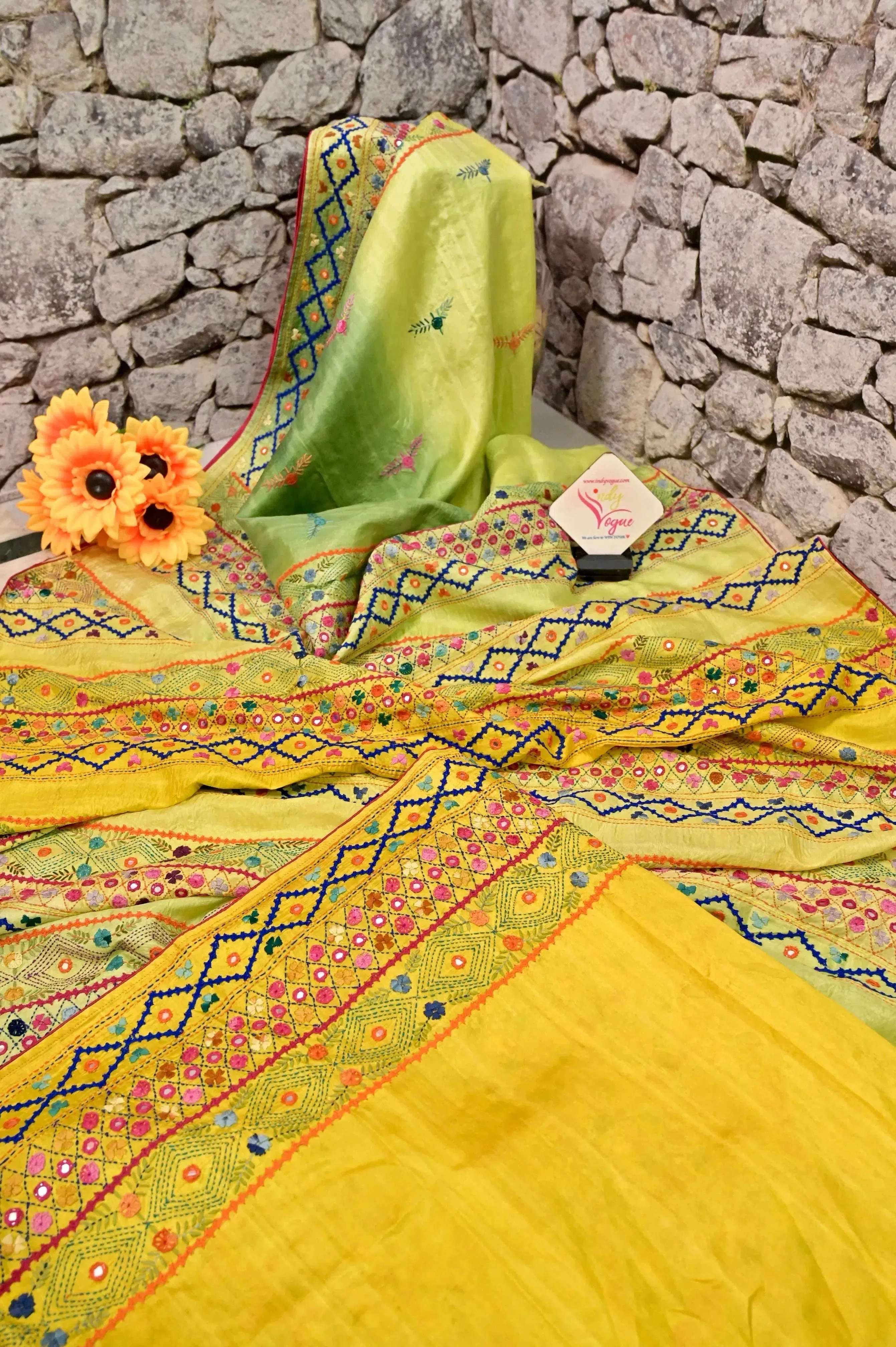 Yellow and Green Color Pure Katan Silk Saree with Hand Lambani Embroidery