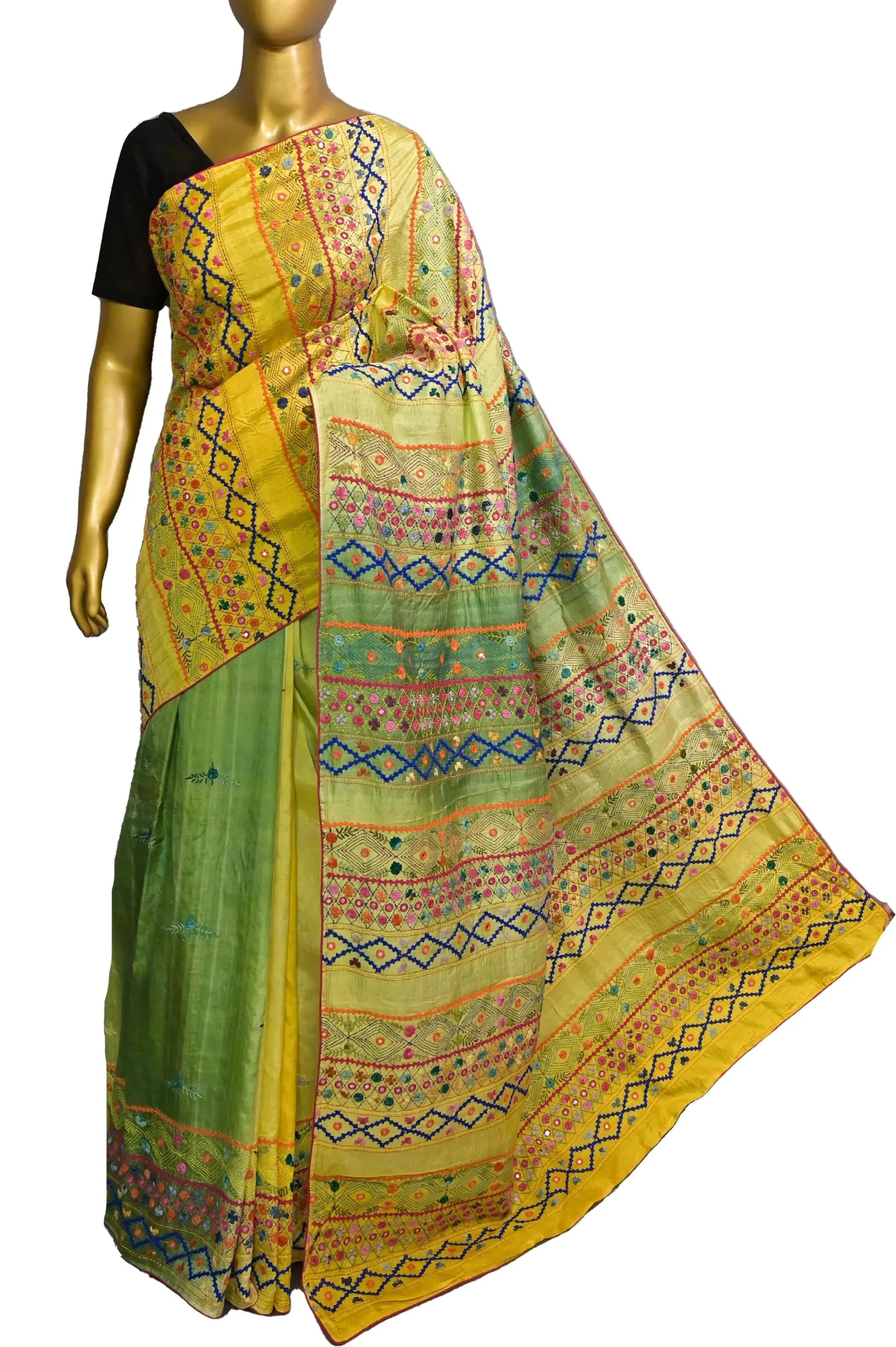 Yellow and Green Color Pure Katan Silk Saree with Hand Lambani Embroidery