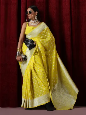 Yellow and Silver Pure Georgette Saree with Blouse Fabric
