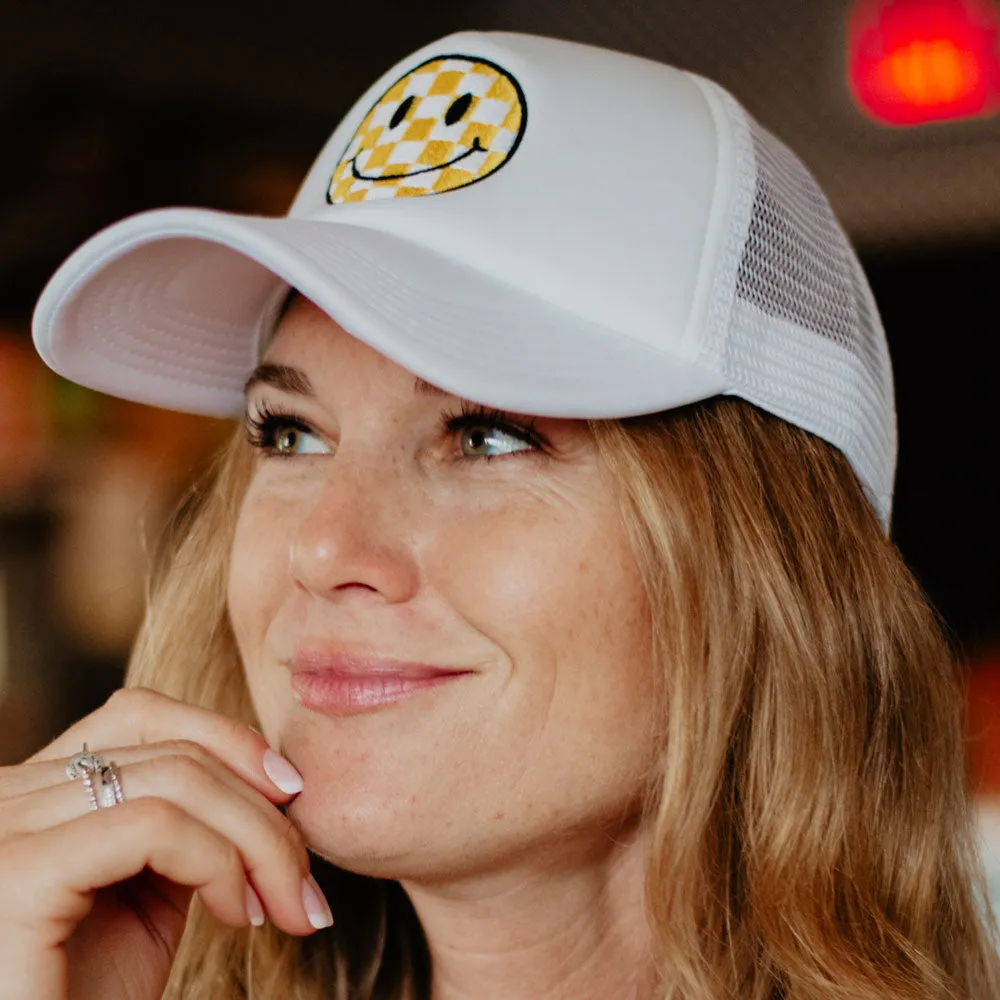 Yellow Checkered Happy Face Wholesale Foam Trucker Hat